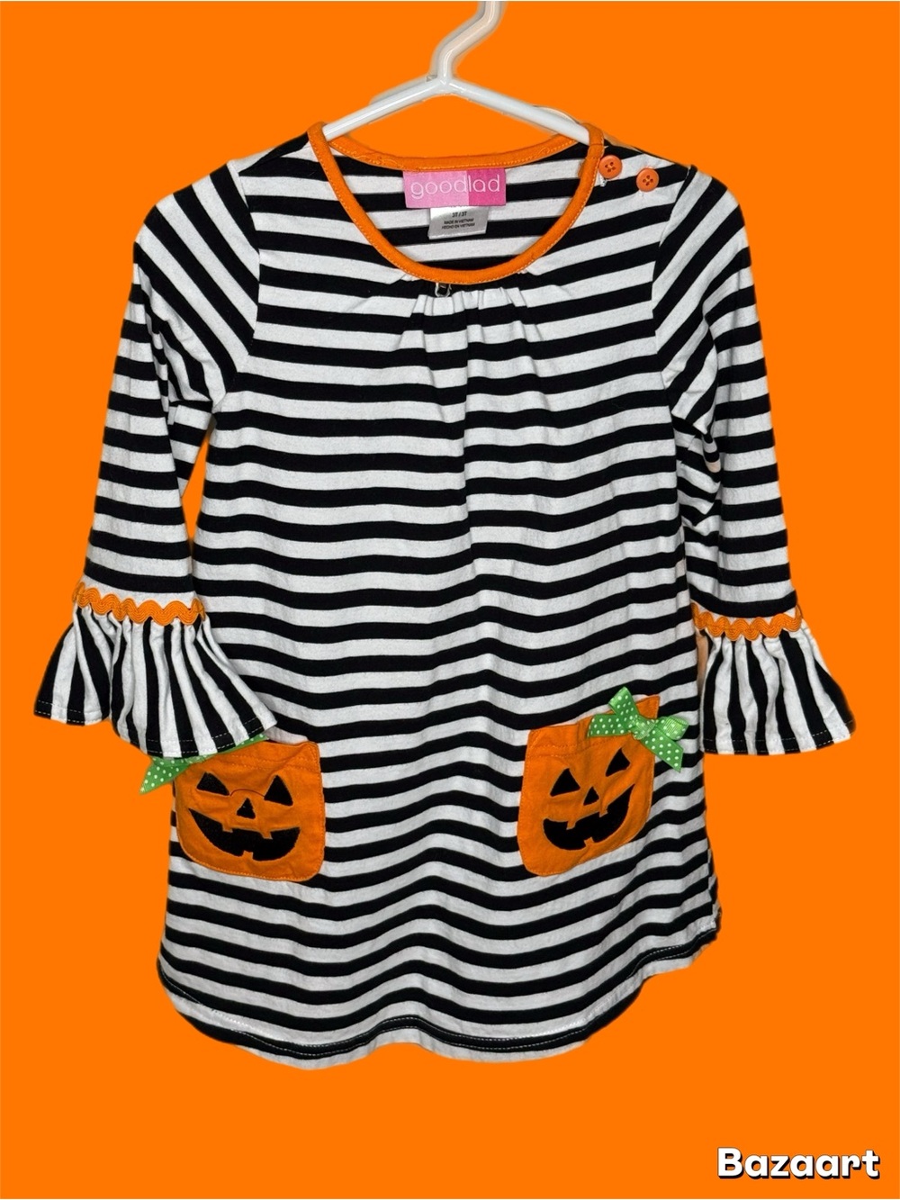 Goodlad Black & White Striped Halloween Pumpkin Pocket Dress - Orange Accents 3T